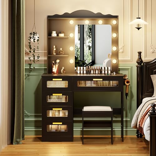 Makeup Vanity Desk with Mirror and Lights-Vanity Table with 5 Drawers&2 Shelves-Vanity Set for Bedroom-Dressing Table with 10 Light Bulbs-Desk Vanity with USB Port&Human Sensor Design-White