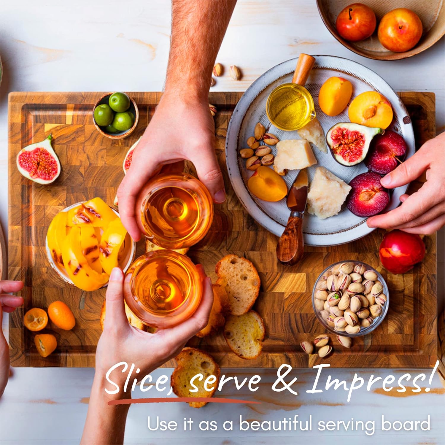 Set of Cutting Board and Beeswax - Includes an End Grain Butcher Block Made of Teak Wood [16