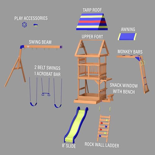 Backyard Discovery Beach Front All Cedar Wooden Swing Set with Monkey Bars, Large Upper Deck with Canopy, Ships Wheel, Play Telescope, Sandbox, Snack Bench, Rock Wall