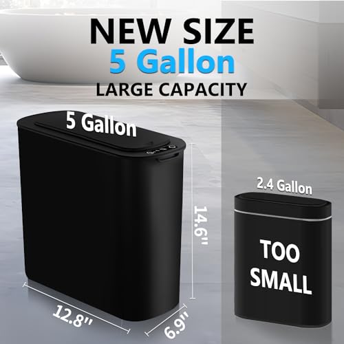 5 Gallon Motion Senor Bathroom Trash Can with Lid, Automatic Garbage Can Touchless, Smart Plastic Waste basket for Narrow Spaces, Bathroom, Office, Bedroom, Living Room (Black)