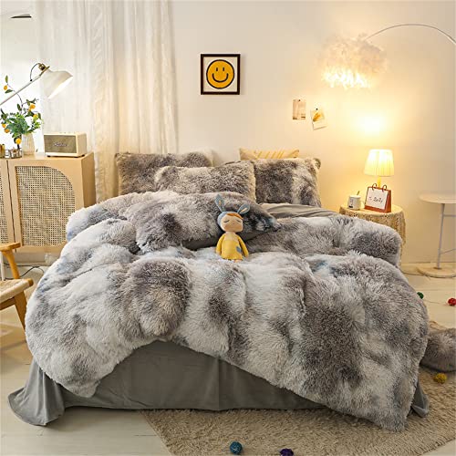 Shaggy Fluffy Duvet Cover Set Queen Size Super Soft Faux Fur Bedding Set 3 Pcs (1Duvet Cover + 2Pillowcases) Luxurious Plush Comforter Cover Set with Zipper Closure (Gray White Ombre)