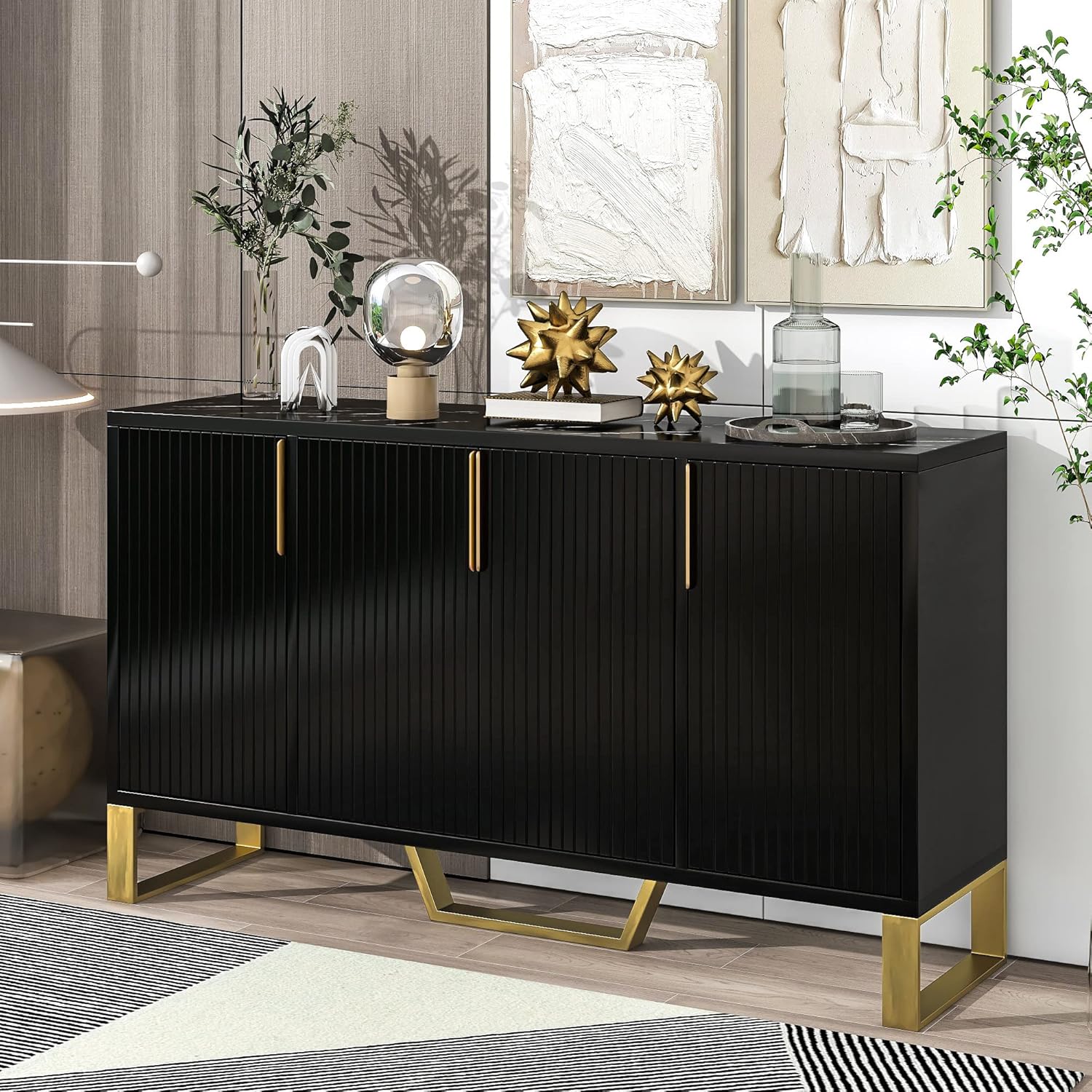 LUMISOL Modern Sideboard, Buffet Cabinet with 4 Doors and Gold Metal Handles&Legs, Marble Design Top Cabinet with Adjustable Shelves, Accent Storage Console Table for Living Room