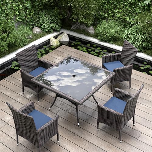 10-Piece Patio Furniture Outdoor Dining Set, Wicker Rattan Patio Dining Table and Chairs Set, Square Tempered Glass Tabletop with Umbrella Hole and 8 Chair Set, Grey