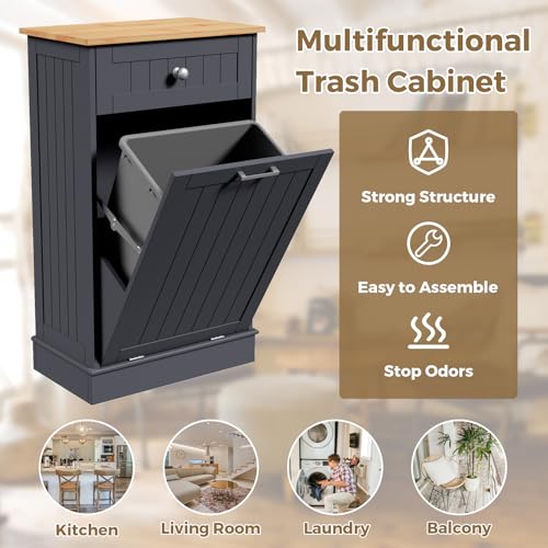 Tilt Out Trash Cabinet Kitchen Trash Can Holder Recycling Cabinet Laundry Hamper with Hideaway Drawer Wooden Bamboo Cutting Board with Added Countertop Space Keep Pets Out (White)