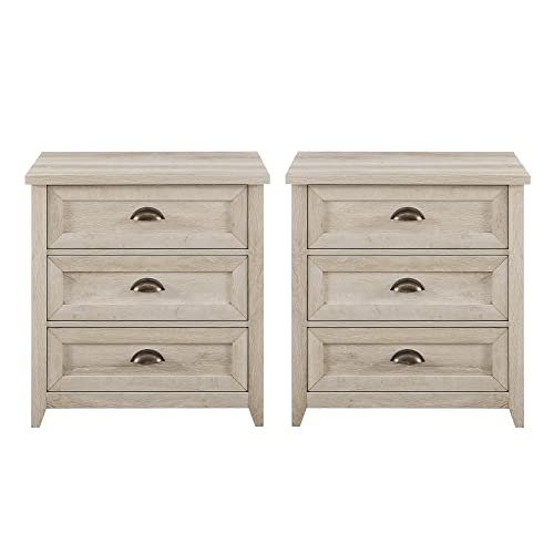 Walker Edison Hazel 2-Piece Modern Farmhouse 3 Drawer Framed Nightstand with Half-Moon Handles, Set of 2, White Oak