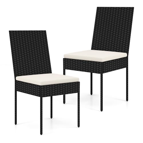 HAPPYGRILL Patio Rattan Dining Chairs Set of 2, Outdoor Armless Wicker Chairs with Cushions, High Backrest, Sturdy Metal Frame, Outside Dining Chairs for Porch Deck Yard Garden