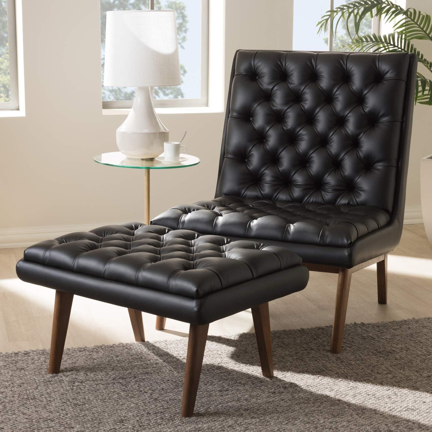 Baxton Studio Annetha Mid-Century Modern Black Faux Leather Upholstered Walnut Finished Wood Chair and Ottoman Set Black//Medium Wood/Mid-Century/Faux Leather/Rubber Wood/Foam
