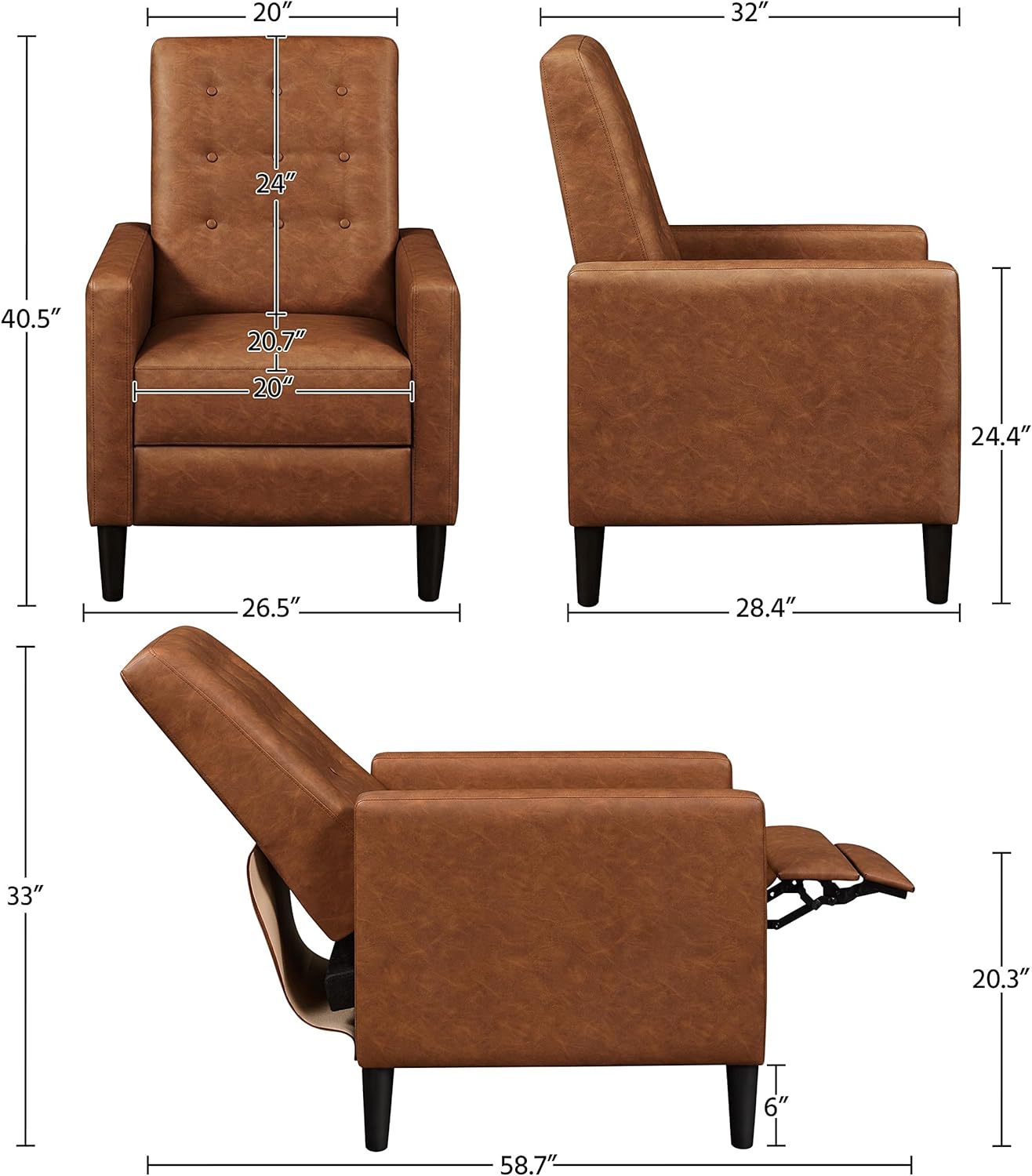 Topeakmart Faux Leather Recliner Sofa Mid-Century Modern Single Reclining Chair Adjustable Back & Footrest Tufted Upholstered Sofa with Pocket Spring Living Room Bedroom Home Theater 2 Pieces Brown