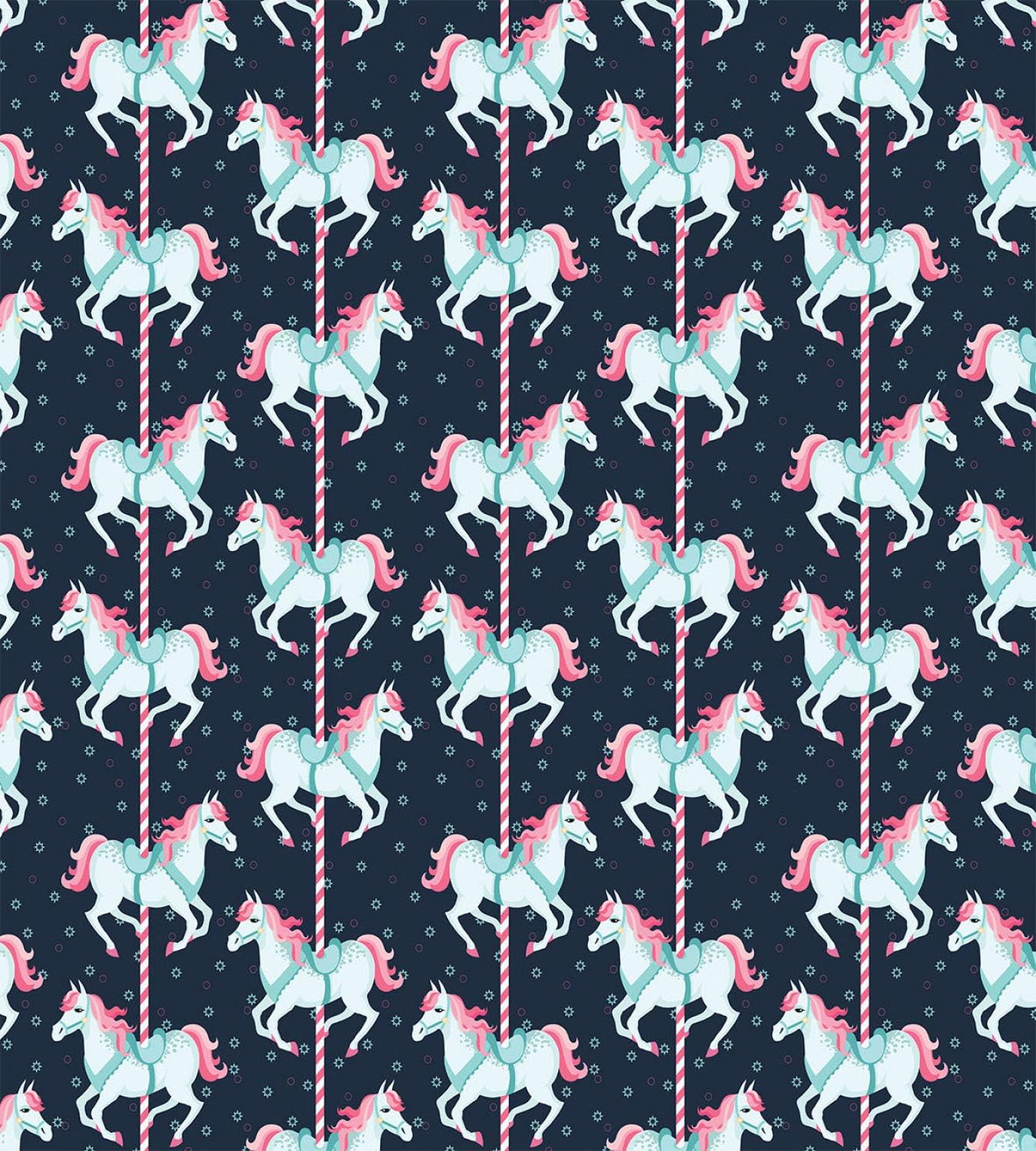 Ambesonne Cartoon Duvet Cover Set, Carousel Horses Playthings Merry Go Round Joyful Circus Amusement Park, Decorative 3 Piece Bedding Set with 2 Pillow Shams, Queen Size, Pale Blue Indigo Pink