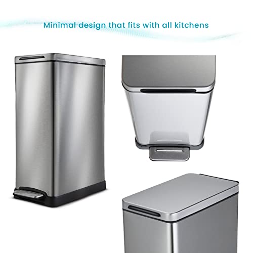 Home Zone Living 12 Gallon Kitchen Trash Can, Slim Body Stainless Steel Design, 45 Liter Capacity, Silver