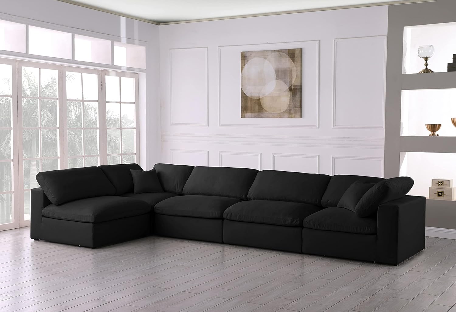 Meridian Furniture Plush Collection Contemporary Down Filled Comfort Overstuffed Velvet Upholstered Modular L-Shaped Sectional, 5-Seater, Semi-Armless, Black