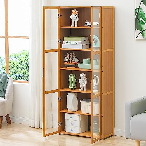 Magshion Bamboo 7-Tier Shelf Living Room Storage Tall Bookcase Cabinet with Clear Doors, Brown 23.5
