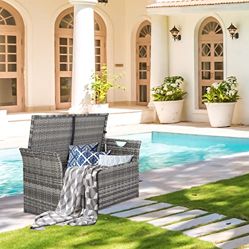 Outdoor Wicker Storage Bench, Wicker Patio Storage Bench w/Cushion, PE Rattan Deck Storage Box w/Handles & Hydraulics for Patio Furniture, for Store Garden Tools and Pool Toys,33 Gallon (Grey)