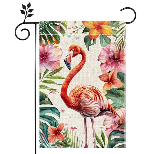 Flamingo Garden Flag, Colorful Flower Tropical Palm Tree Flag, 12x18 Inch Double Sided Burlap, Welcome Summer Garden Flags, Porch Lawn Flag, Outdoor Yard House Decor （Only Garden Flag）