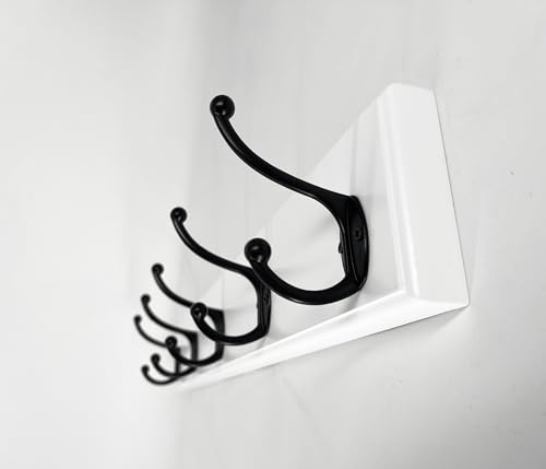 Wood Coat Rack Wall Mounted - 22 Inches, 5 Hooks, Heavy Duty, for Coat Hat Towel Purse Robes Mudroom (White Base & Black Hook)