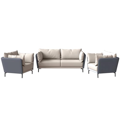 LeisureMod 3-Piece Sofa Set with a 3-Seater and 2 Single-Seater Armchair Upholstered in Leather with Removable Cushions Luxify Series in Grey