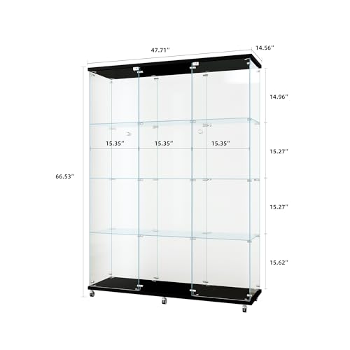 Modern 4 Shelf Glass Display Cabinet, Curio Cabinets with Glass Doors & Open Storage, Large Collection Glass Display Case, Floor Standing Glass Bookshelf for Bedroom Living Room Office, Black