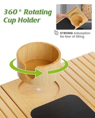 Couch Cup Holder, Bamboo Couch Arm Tray with 360° Rotating Drink Holder, Foldable Anti-Slip Couch Arm Table, Sofa Armrest Tray Clip on Wide Couches for Eating, Snacks, Remote (Walnut)