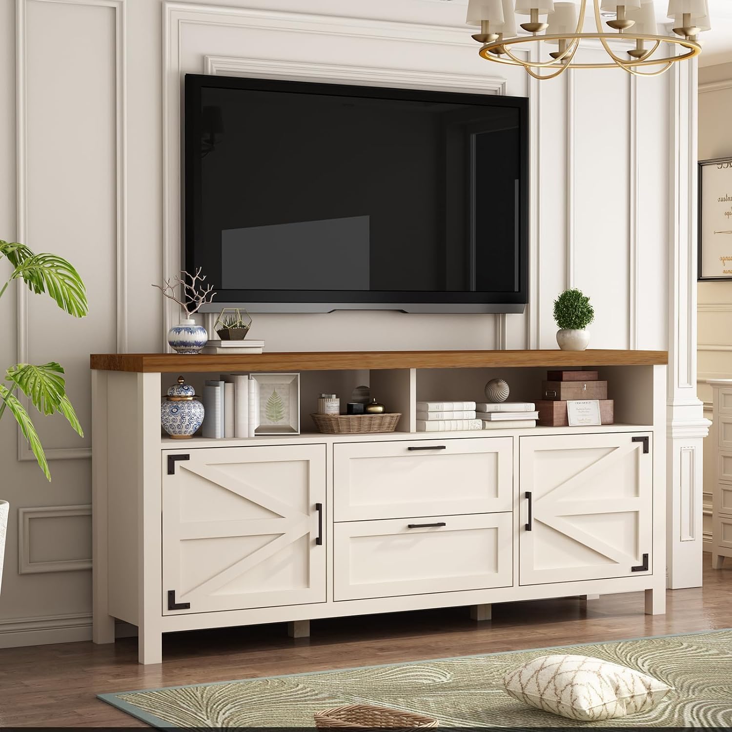 TV Stand for 55 Inch TV, Farmhouse Barn Door Modern Entertainment Center,Tall TV Console and Ideal Media Storage for Living Room，Kitchen, Dining Room White