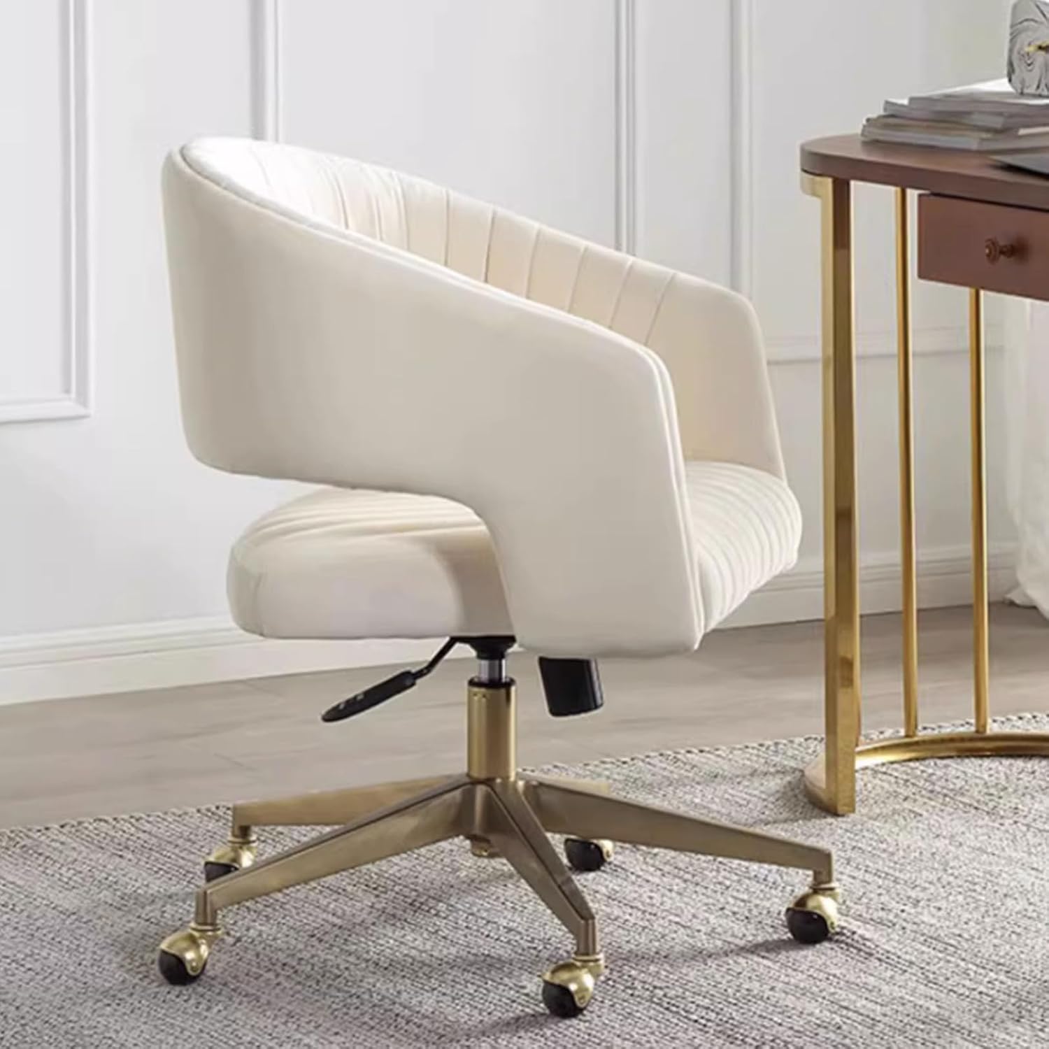 Swivel Velvet Home Office Chair, Upholstered Desk Chair, Modern Accent Armchair, Tufted Computer Task Stools with Gold Base for Girls, Women, Study, Living Room (Ivory)