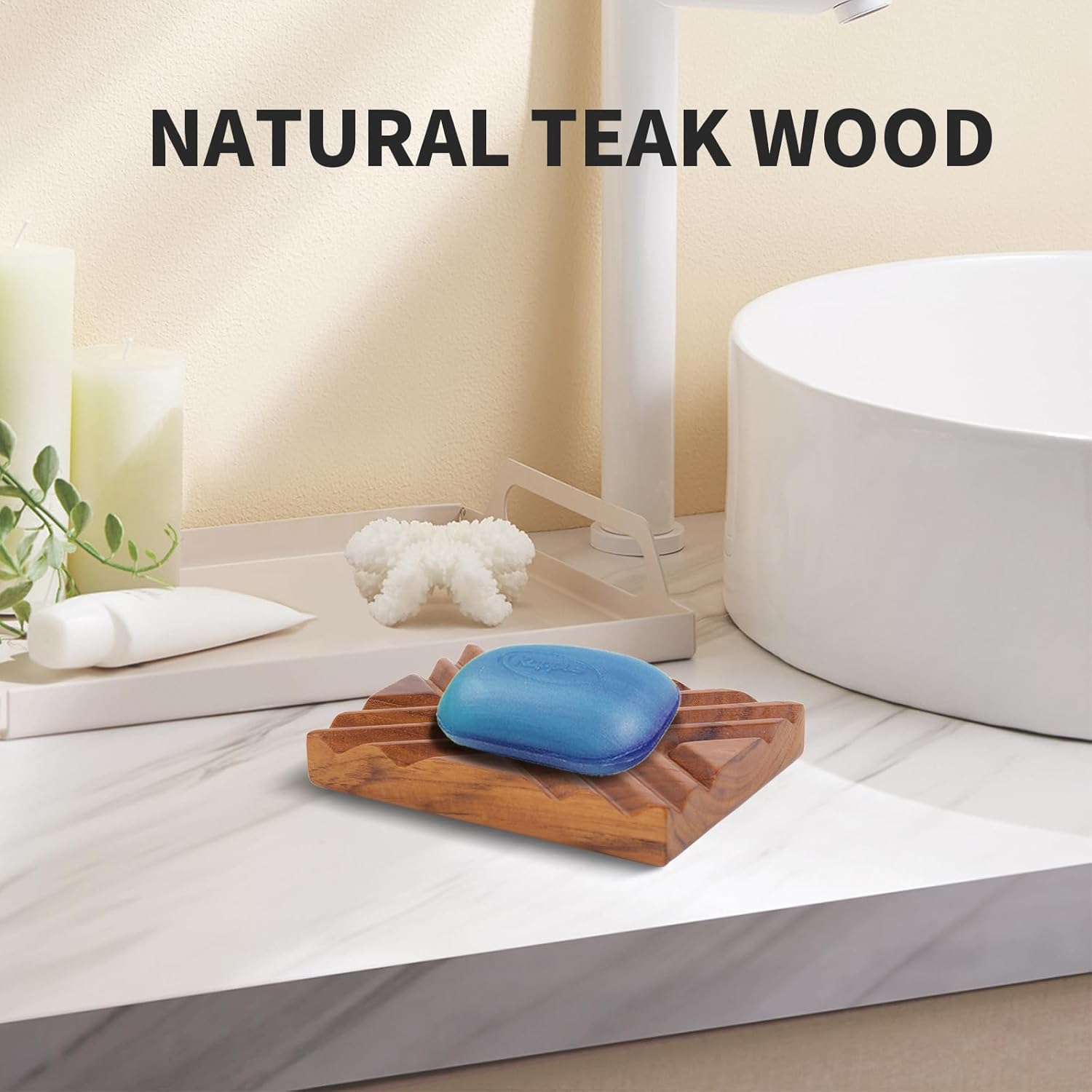 Teak Soap Dish by CASABENE for Shower, Bar Soap Holder for Bathroom, Kitchen, Shower, Bathtub, Utility Room, Easy to Clean, Durable with Non-Slip Pads, Beautiful Natural Color