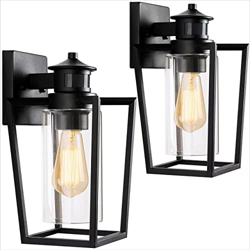 Set of 2 Gooseneck Outdoor Wall Lights Fixtures,Dusk to Dawn Motion Sensor Farmhouse Wall Sconce Barn Lamp for Patio,3 Modes Adjustable Exterior Porch Light IP65 E26 Wall Mount Lighting Black