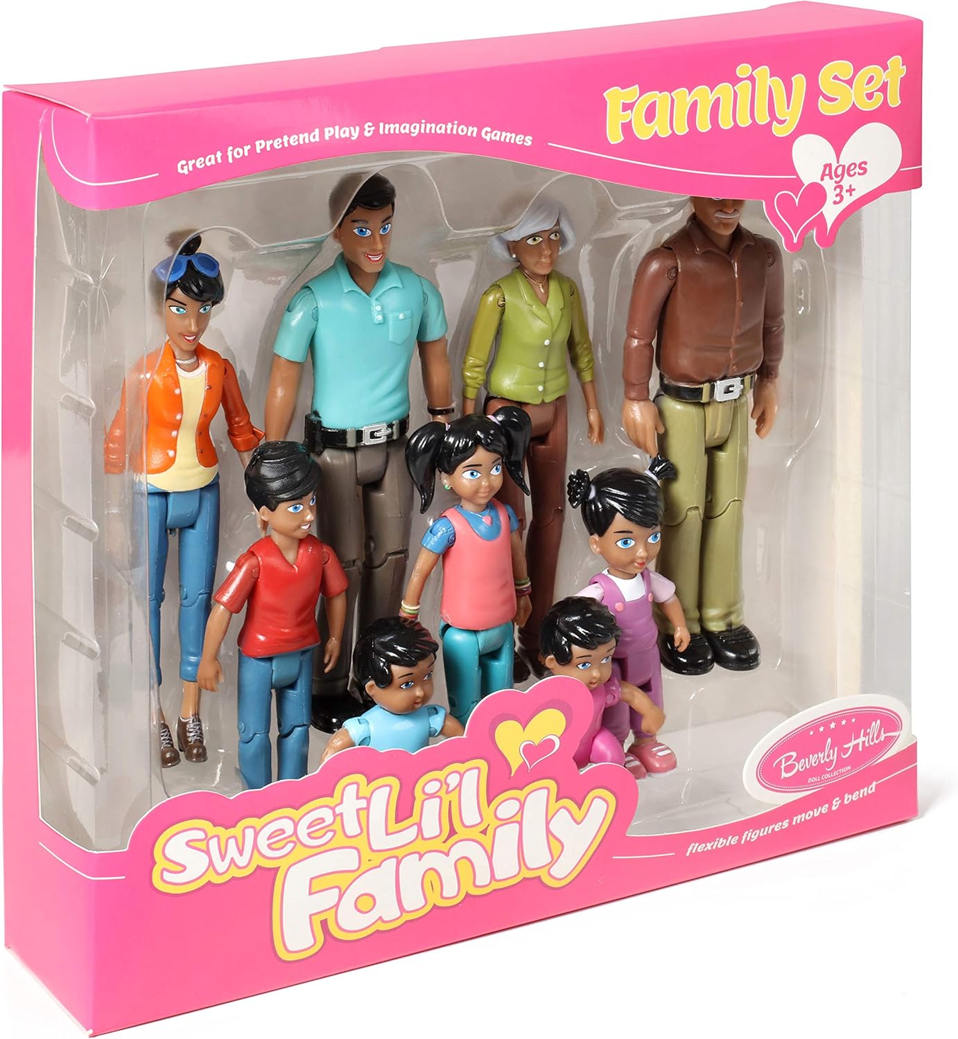Beverly Hills Doll Collection Sweet Li'l Family Hispanic Dollhouse People Set of 9 Action Figure Set - Grandpa, Grandma, Mom, Dad, Sister, Brother, Toddler, Twin Boy & Girl