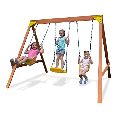 Sportspower Amazon Exclusive Olympia Wood Swing Set with 3 Swings, Slide, and Monkey Bars, Natural/Green with 8' Slide