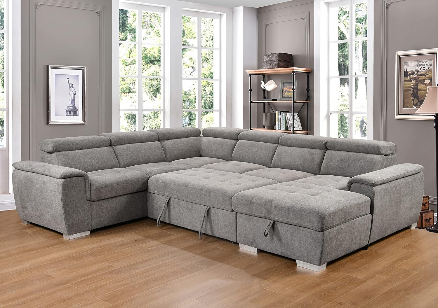 Sectional Sleeper Sofa Storage Chaise, U Shape Oversized Couch with Pull Out Bed for Living Room, 6 Seater Light Gray 125