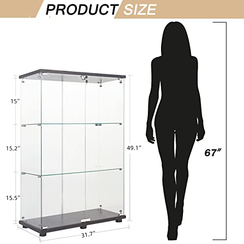 Glass Display Cabinet, 4 Shelves 3 Door Glass Curio Cabinet Display Case, Floor Standing Glass Bookshelf Showcase for Living Room Bedroom Officee, 66.5