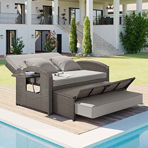 Outdoor Rattan Double Chaise Lounge with Adjustable Back and Cushions, 2-Person Reclining Daybed with Cup Trays, Patio Sunbed with Free Furniture Protection Cover, for Poolside Lawn, White