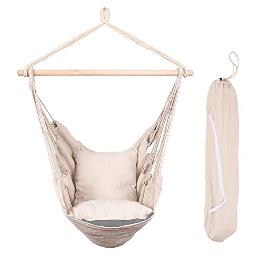SUNNY GUARD Hammock Chair Hanging Rope Swing- Max 330 Lbs,Included 2 Cushions,for Indoor/Outdoor Patio Garden,Deck(Creamy White)
