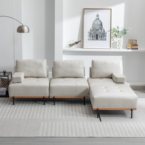 100.7'' L-Shape Sectional Sofa with a Removable Ottoman, Modern 3-Seater Couches with Two Armrests and Metal Legs, Comfortable Fabric for Living Room, Apartment (Grey,Palomino Fabric)