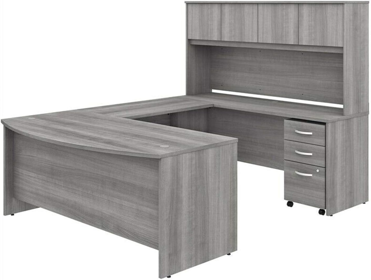 Grey U-Shaped Executive Desk with Hutch Computer Study Writing PC Laptop Workstation Gaming Drawer File Cabinet Furniture Home Office Corner Rotating Shape Modern Wood of Set