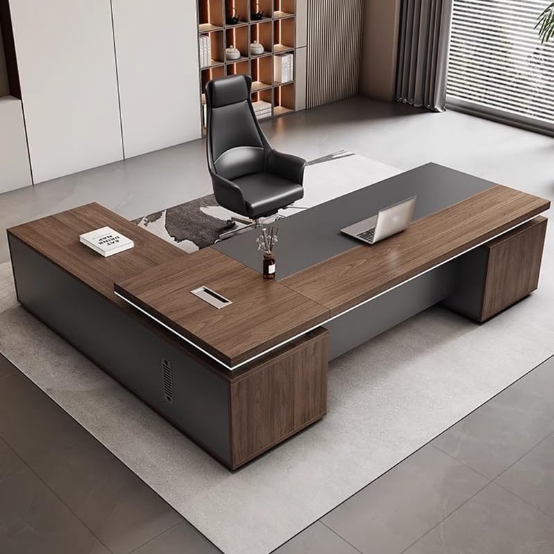 Modern L-Shape Office Desk, Luxury Executive Desks Boss Table with Drawers and Storage Shelves, Business Home Office Furniture Computer Desks for CEO Boss Manager(94in)