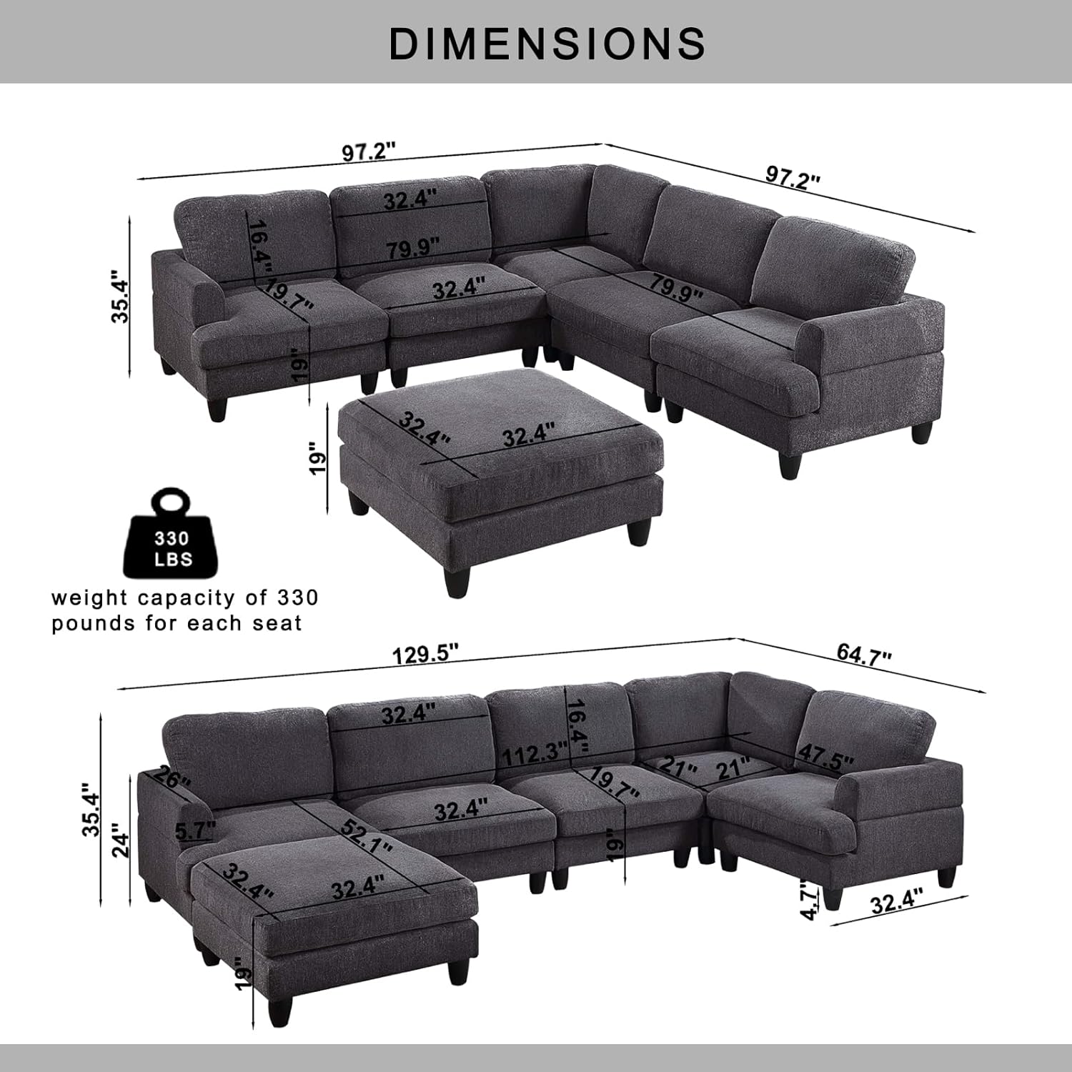 U-Shaped Oversized Modular Sectional Sofa Couch with Movable Ottoman,Chenille Upholstered L/U 6 Seaters Free Combined Corner Sofa&Couch Convertible Spacious Sleeper Sofabed for Living Room
