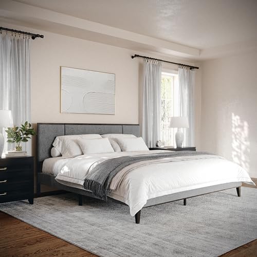 Martha Stewart Jett Platform Bed with Headboard, Fabric Upholstered Inset Headboard and Base, Solid Wood Frame, No Box Spring Needed, Queen, Brown Gray/Gray
