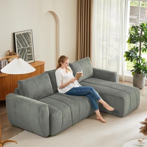 Modular Sectional Sleeper Sofa with Storage, Convertible 3 Seat L Shape Sectional Couch with Reversible Chaise, Modern Upholstered Corduroy Sleeper Couch with Pullout Bed for Living Room (Light Grey)
