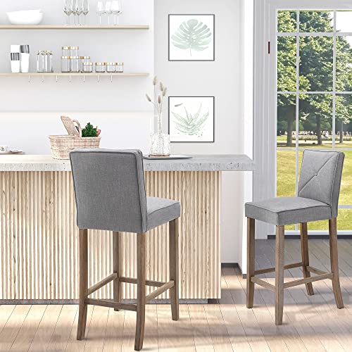 HOMCOM Modern Bar Stools Set of 2, Upholstered Bar Height Kitchen Stools with Build-in Footrest, Solid Wood Legs, Beige