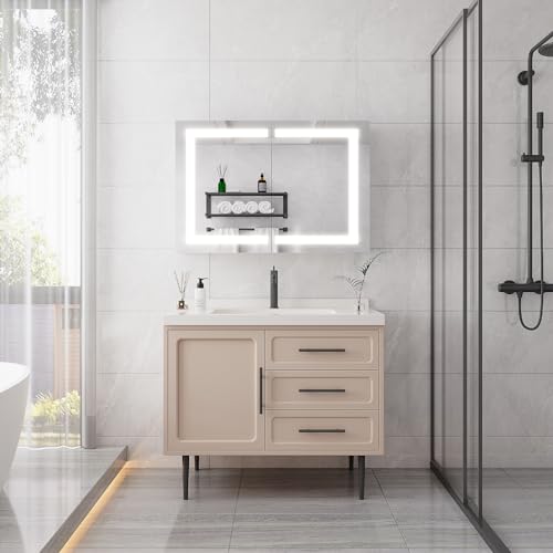 Lighted Medicine Cabinet with Mirror, 36 Inch Bathroom Cabinet with Touch Switch, Modern Aluminum Storage Cabinet for Bathroom in Silver Finish