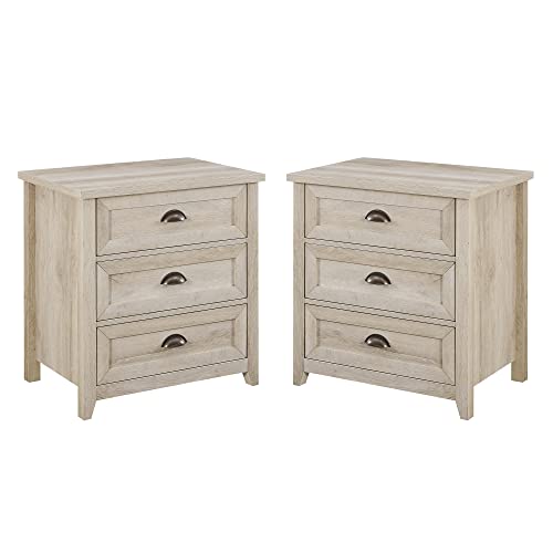 Walker Edison Hazel 2-Piece Modern Farmhouse 3 Drawer Framed Nightstand with Half-Moon Handles, Set of 2, White Oak