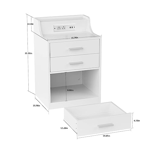 Nightstand with Charging Station and LED Lights, Night Stand with Modern Design, Bedside Table with 2 Drawers and Open Storage, Improved Nightstands for Bedroom Living Room (1, White)…
