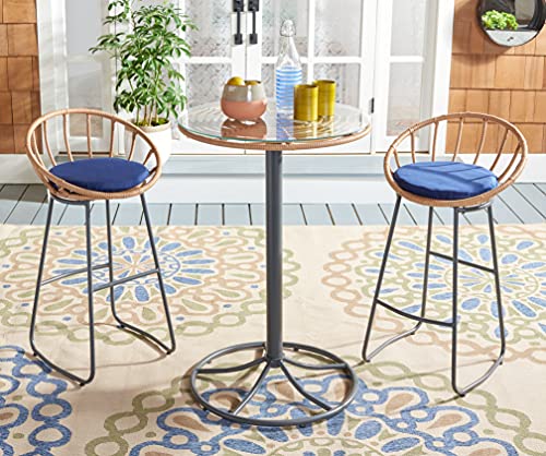 Safavieh Outdoor Collection Lersa Rattan/Navy Cushion 3-Piece Bar Stool Patio Backyard Lounger Set PAT9015A, Natural/Beige