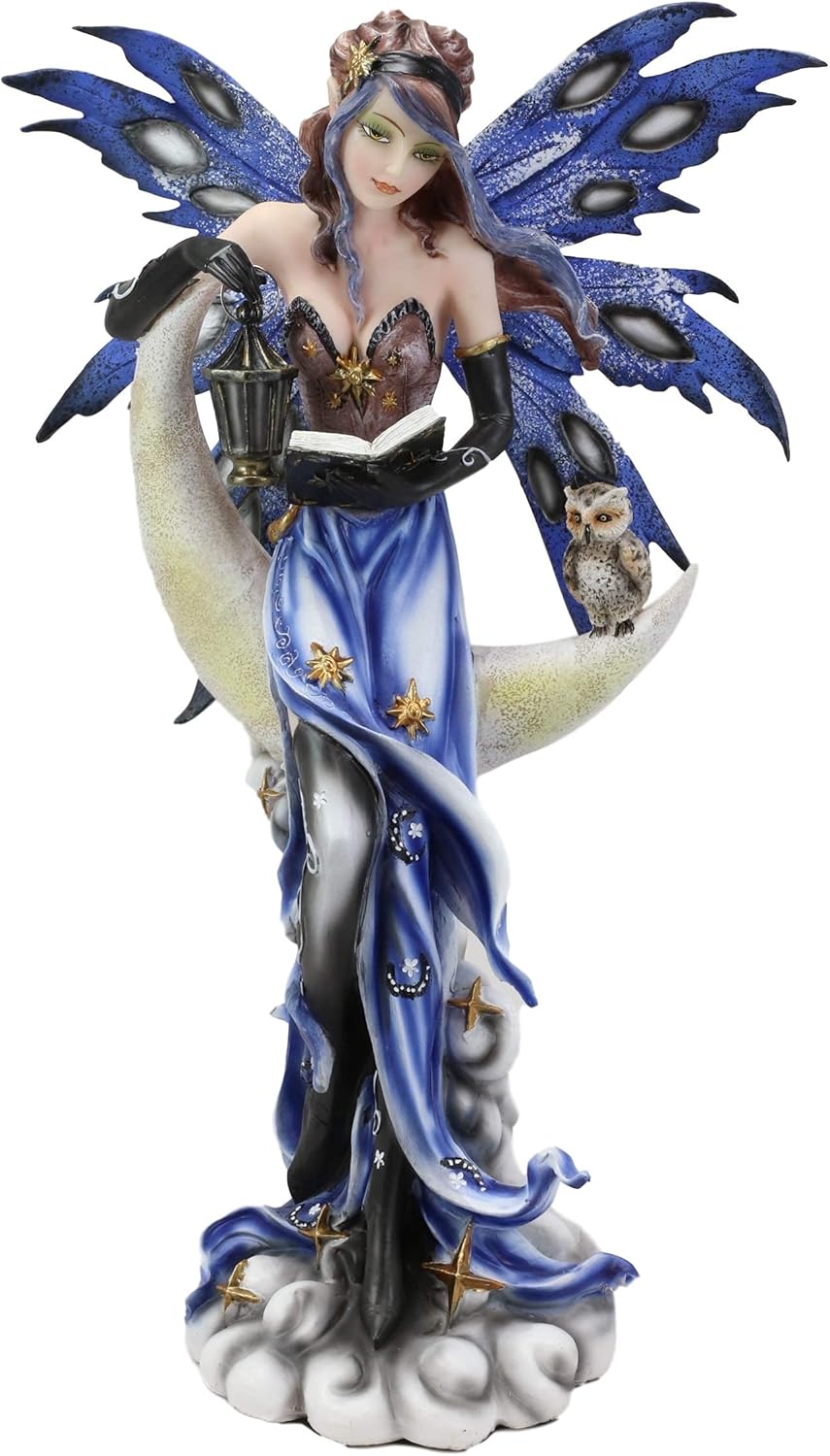 Ebros Fantasy Celestial Bookworm Fairy Carrying Lantern and Owl Sitting On Crescent Moon Clouds and Stars Statue 14
