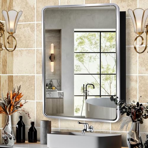 Movo Medicine Cabinet with Mirror, 20x28 Inch Farmhouse Metal Framed Rectangle Bathroom Mirror Cabinet, Recess or Surface Mount Installation Chrome