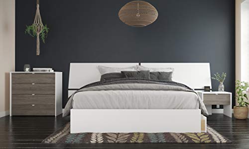 Nexera 402668 4-Piece Bedroom Set with Bed Frame, Headboard, Nightstand & Dresser, Queen|White & Bark Grey