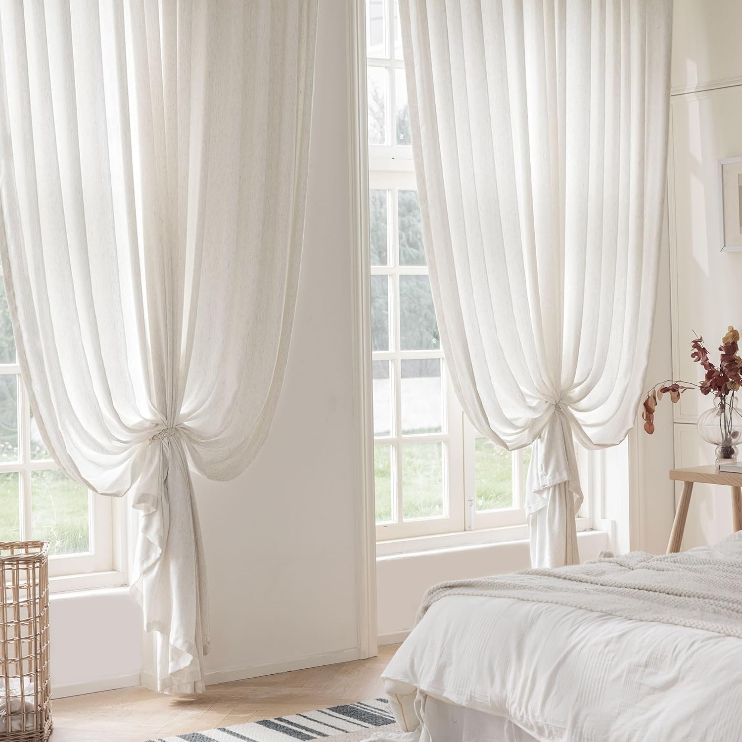 Beauoop Natural Linen Curtains 84 inch Long 2 Panels Set for Bedroom Living Room Farmhouse Textured Light Filtering Grommet Privacy Drapes Window Treatment, 2 Panels, 54x84 Inch