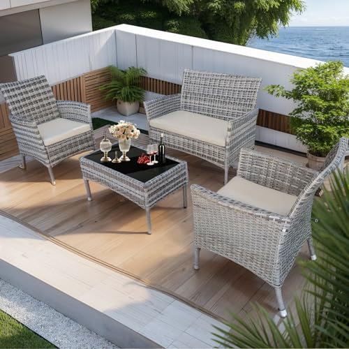 PatLoom 4-Piece Outdoor Furniture Set,Dark Grey Rattan Wicker Patio Sofa,Elegant Patio Conversation Set with Glass Top Coffee Table for Garden, Backyard, Poolside, Balcony (Grey)