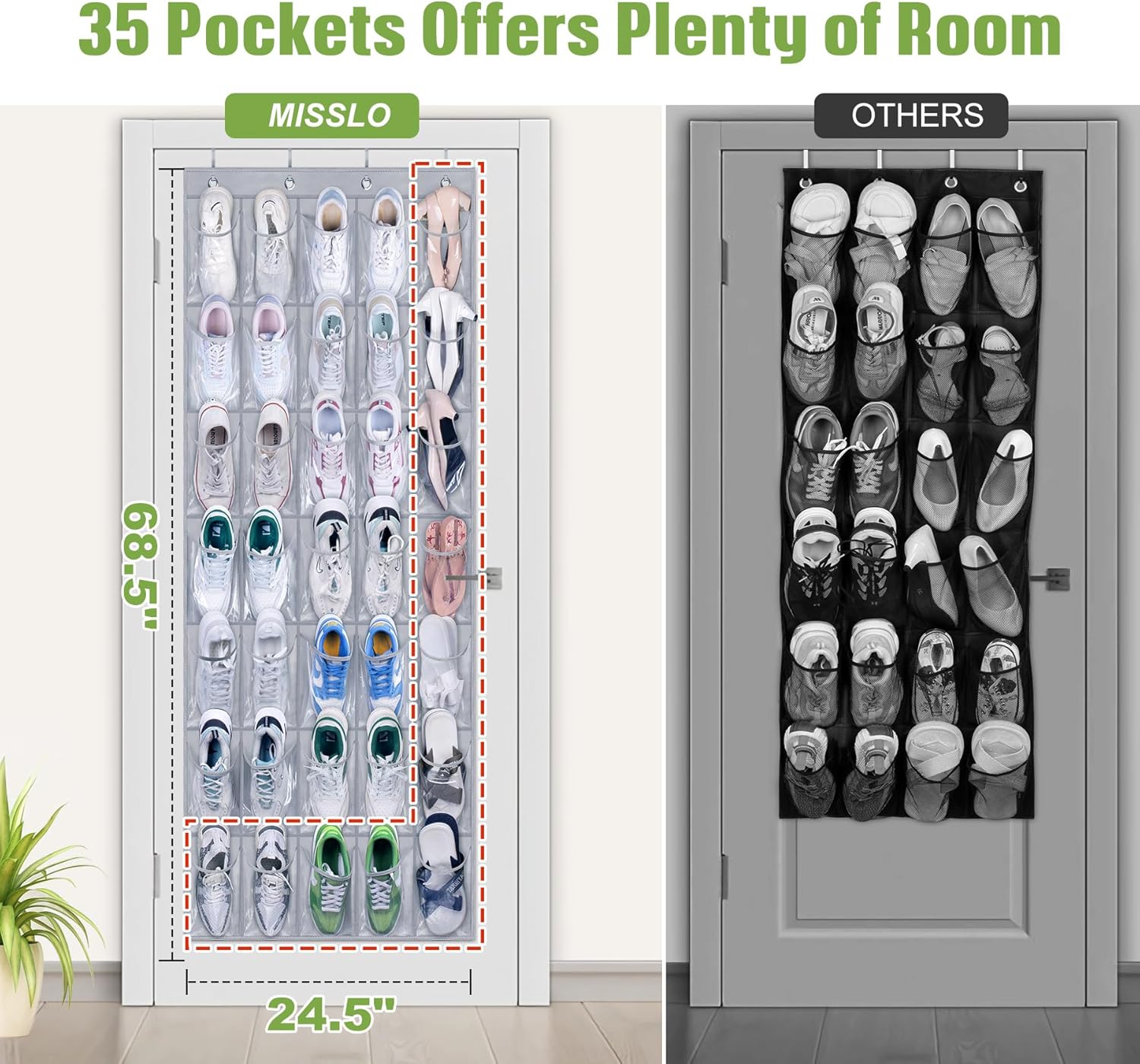MISSLO 35 Clear Large Pockets Over The Door Shoe Organizer Sturdy Oxford Fabric Hanging Shoe Rack