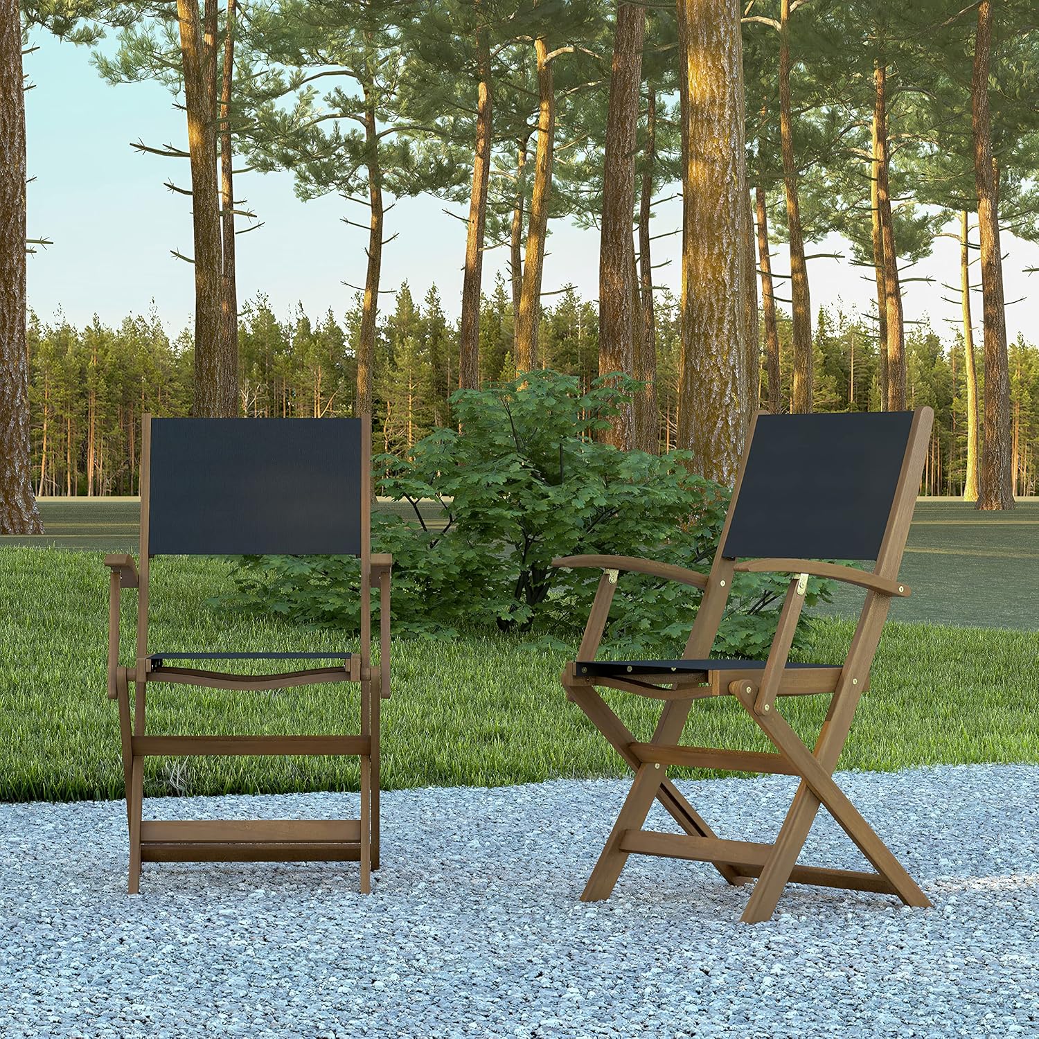EMMA + OLIVER Kosti Folding Chairs with Arms - Natural Acacia Wood - Textilene Mesh Seat and Back - Weather Resistant - 275 lbs. Static Weight Capacity - Set of Two
